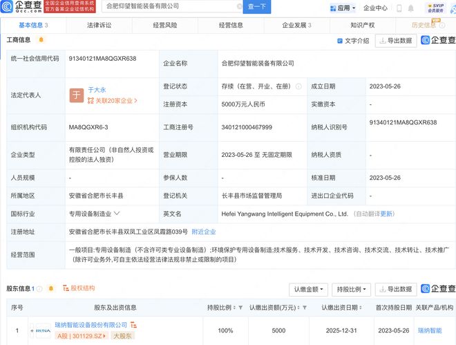 瑞納智能5000萬于合肥新設(shè)仰望智能裝備公司